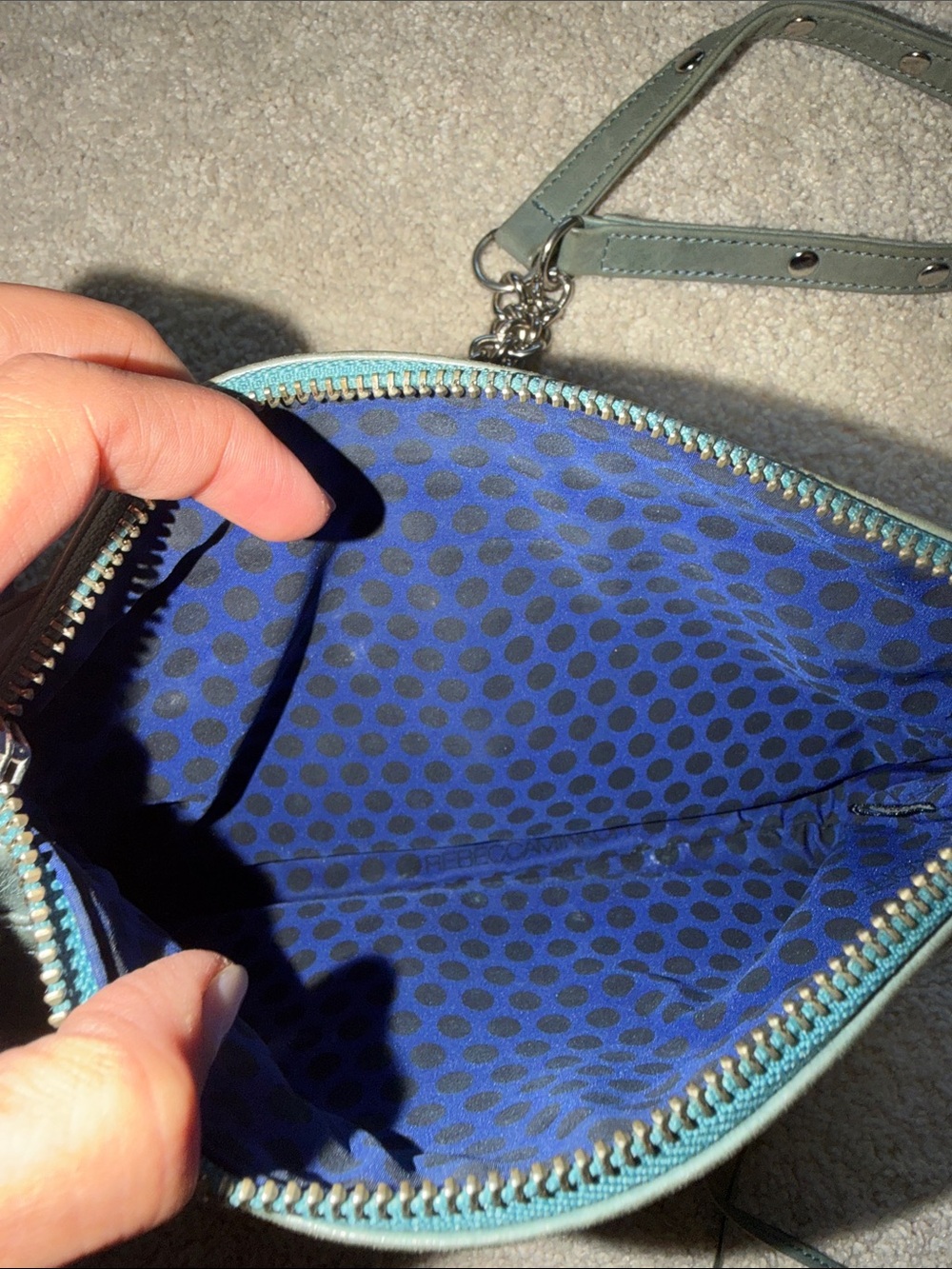 Metallic Sage Green Leather Crossbody Bag with Chain Strap - Picture 4 of 5